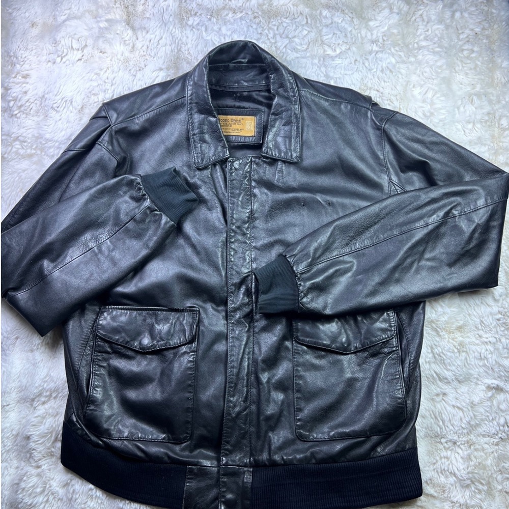 Vintage Rodeo Drive Black Leather Bomber Jacket Mens Pilot Flight Coat READ